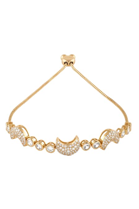 Shop Isharya Gold Plated Crystals Crescent Moon Bolo Bracelet at Aza Fashions Shop_Isharya_Gold Plated Crystals Crescent Moon Bolo Bracelet _at_Aza_Fashions
