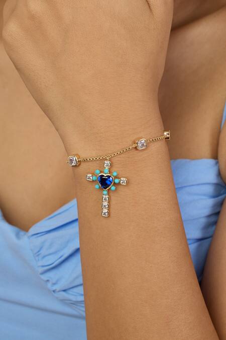 Shop Isharya Blue Crystals, Stones Cross My Heart Bracelet Online at Aza Fashions Shop_Isharya_Blue Crystals, Stones Cross My Heart Bracelet _Online_at_Aza_Fashions