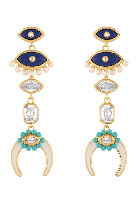 Shop Isharya Blue Lace, Pearls, Crystals Summer Eyes Danglers at Aza Fashions Shop_Isharya_Blue Lace, Pearls, Crystals Summer Eyes Danglers _at_Aza_Fashions