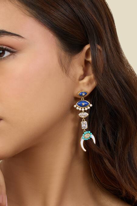 Shop Isharya Blue Lace, Pearls, Crystals Summer Eyes Danglers Online at Aza Fashions Shop_Isharya_Blue Lace, Pearls, Crystals Summer Eyes Danglers _Online_at_Aza_Fashions