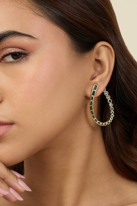Shop Isharya Green Crystals Neon Front Back Earrings Online at Aza Fashions Shop_Isharya_Green Crystals Neon Front Back Earrings _Online_at_Aza_Fashions