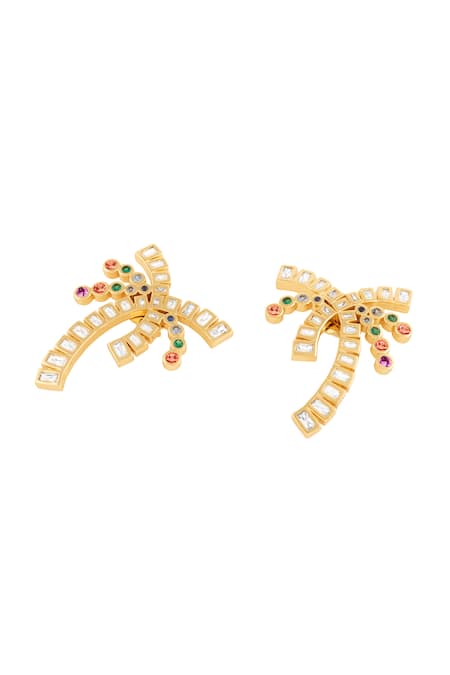 Shop Isharya Gold Plated Crystals Palm Beach Earrings In 18kt at Aza Fashions Shop_Isharya_Gold Plated Crystals Palm Beach Earrings In 18kt _at_Aza_Fashions