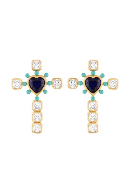 Isharya Blue Crystals, Stones Cross My Heart Earrings Online at Aza Fashions Isharya_Blue Crystals, Stones Cross My Heart Earrings _Online_at_Aza_Fashions