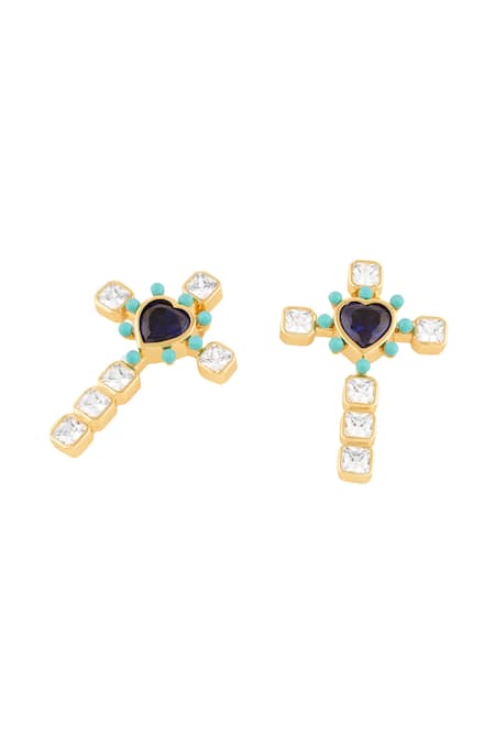 Shop Isharya Blue Crystals, Stones Cross My Heart Earrings at Aza Fashions Shop_Isharya_Blue Crystals, Stones Cross My Heart Earrings _at_Aza_Fashions