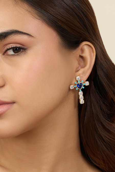 Shop Isharya Blue Crystals, Stones Cross My Heart Earrings Online at Aza Fashions Shop_Isharya_Blue Crystals, Stones Cross My Heart Earrings _Online_at_Aza_Fashions