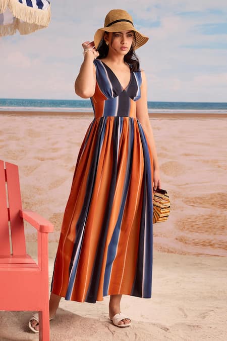 Buy_Zazu_Multi Color Modal, Satin V-neck Tuscany Vertical Stripes Maxi Dress _Online_at_Aza_Fashions