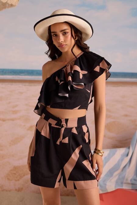 Zazu_Black Cotton Satin One Shoulder Geometric Print Ruffled Crop Top And Shorts Set _Online_at_Aza_Fashions