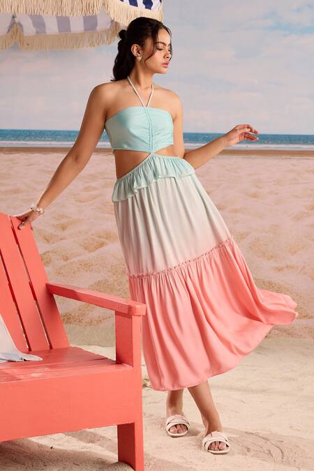 Buy_Zazu_Multi Color Modal, Satin Bandeau Neck Pastel Ombre Tiered Midi Dress _Online_at_Aza_Fashions