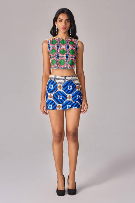 Saaksha & Kinni_Multi Color Cotton Abstract Print High Waist Skort _Online_at_Aza_Fashions