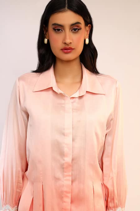 Sakshi Khetterpal_Peach Chanderi Silk Embroidery Collared Flowy Shirt And Straight Pants Set _Online_at_Aza_Fashions