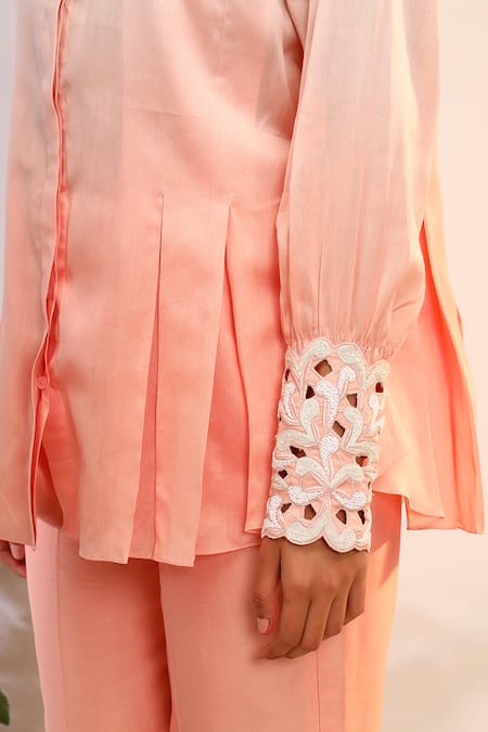 Shop_Sakshi Khetterpal_Peach Chanderi Silk Embroidery Collared Flowy Shirt And Straight Pants Set _Online_at_Aza_Fashions