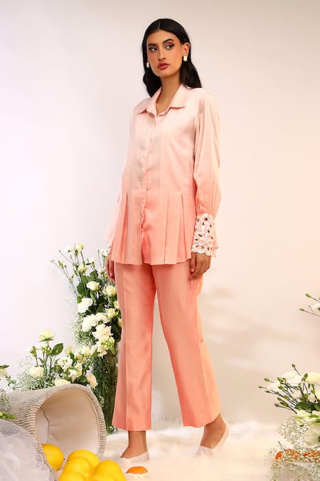 Sakshi Khetterpal_Peach Chanderi Silk Embroidery Collared Flowy Shirt And Straight Pants Set _at_Aza_Fashions