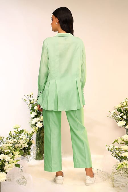 Shop_Sakshi Khetterpal_Green Chanderi Silk Embroidery Collared Kiwi Inverted Pleat Swing Co-ord Set _at_Aza_Fashions