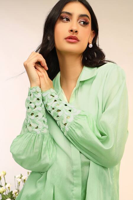 Sakshi Khetterpal_Green Chanderi Silk Embroidery Collared Kiwi Inverted Pleat Swing Co-ord Set _Online_at_Aza_Fashions