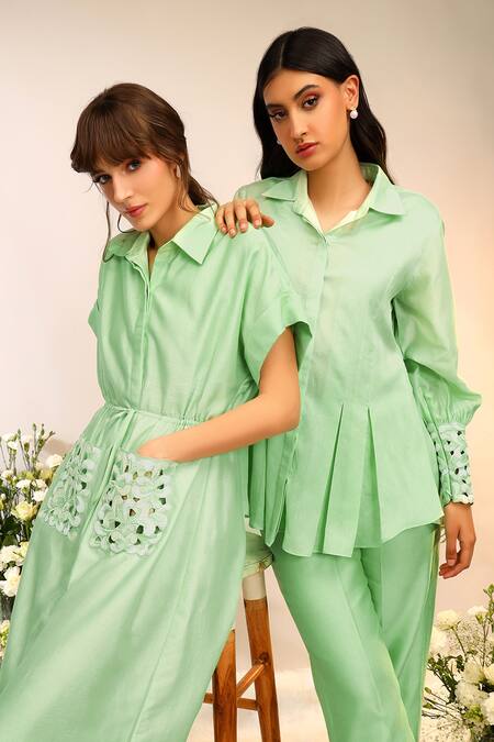 Buy_Sakshi Khetterpal_Green Chanderi Silk Embroidery Collared Kiwi Inverted Pleat Swing Co-ord Set _Online_at_Aza_Fashions