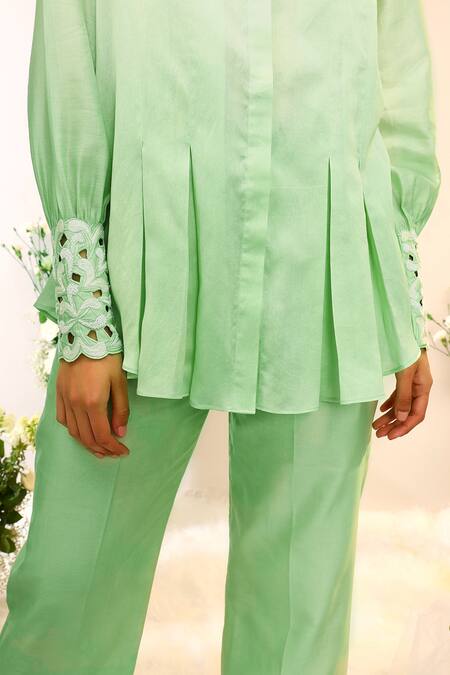 Shop_Sakshi Khetterpal_Green Chanderi Silk Embroidery Collared Kiwi Inverted Pleat Swing Co-ord Set _Online_at_Aza_Fashions