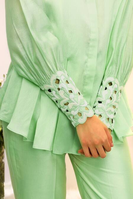 Shop_Sakshi Khetterpal_Green Chanderi Silk Embroidery Collared Kiwi Inverted Pleat Swing Co-ord Set 