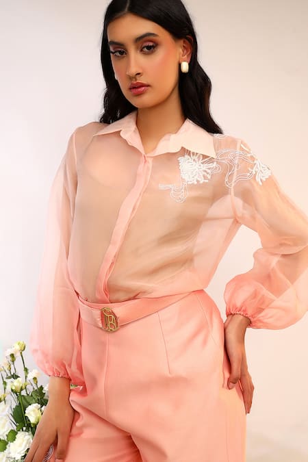 Sakshi Khetterpal_Peach Organza, Chanderi Silk Embroidery Collared Shirt And Pant Set _Online_at_Aza_Fashions