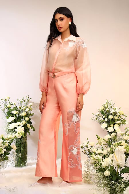 Shop_Sakshi Khetterpal_Peach Organza, Chanderi Silk Embroidery Collared Shirt And Pant Set _Online_at_Aza_Fashions