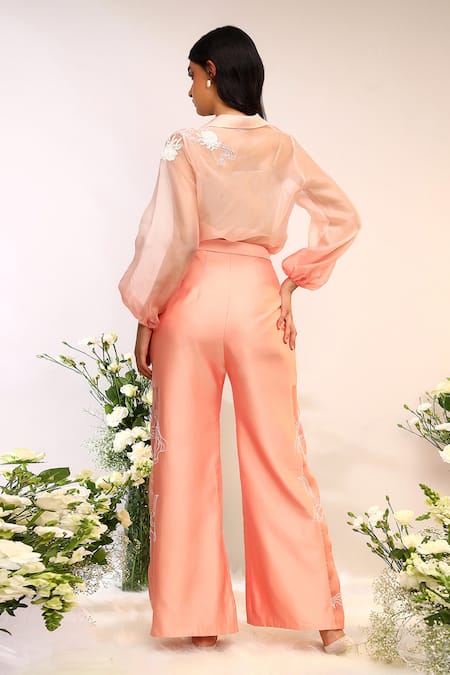 Shop_Sakshi Khetterpal_Peach Organza, Chanderi Silk Embroidery Collared Shirt And Pant Set _at_Aza_Fashions