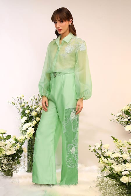 Sakshi Khetterpal_Green Organza, Chanderi Silk Embroidery Collared Kiwi Sheer Pant Set _Online_at_Aza_Fashions