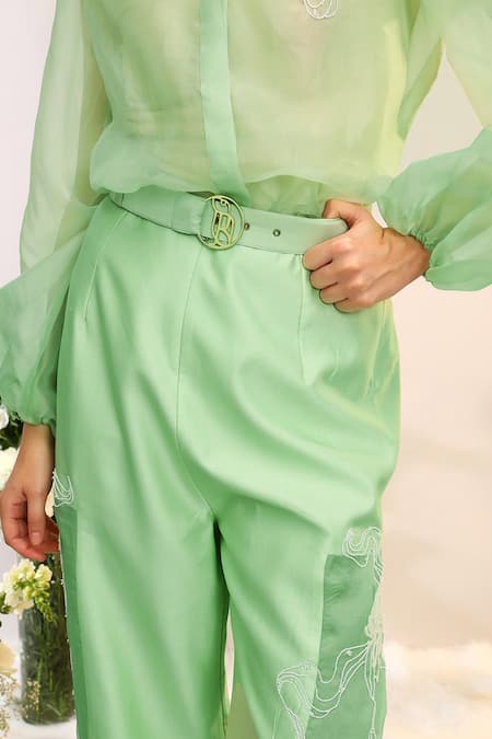 Buy_Sakshi Khetterpal_Green Organza, Chanderi Silk Embroidery Collared Kiwi Sheer Pant Set _Online_at_Aza_Fashions