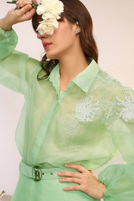 Shop_Sakshi Khetterpal_Green Organza, Chanderi Silk Embroidery Collared Kiwi Sheer Pant Set _Online_at_Aza_Fashions