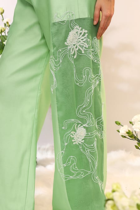 Sakshi Khetterpal_Green Organza, Chanderi Silk Embroidery Collared Kiwi Sheer Pant Set _at_Aza_Fashions