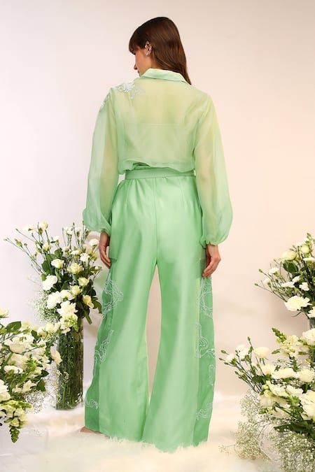 Shop_Sakshi Khetterpal_Green Organza, Chanderi Silk Embroidery Collared Kiwi Sheer Pant Set _at_Aza_Fashions