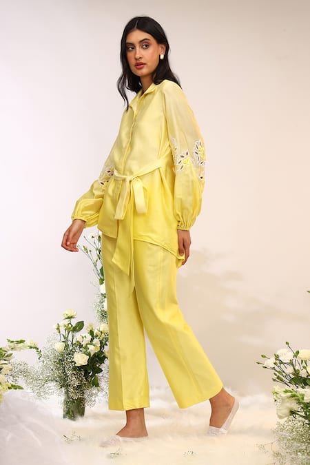 Buy_Sakshi Khetterpal_Yellow Chanderi Silk Embroidery Collared Asymmetric Tie Up Shirt And Pant Set _Online_at_Aza_Fashions