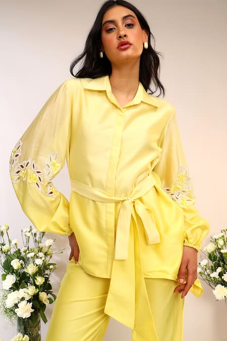 Shop_Sakshi Khetterpal_Yellow Chanderi Silk Embroidery Collared Asymmetric Tie Up Shirt And Pant Set _Online_at_Aza_Fashions