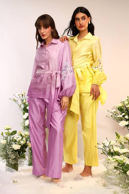 Sakshi Khetterpal_Yellow Chanderi Silk Embroidery Collared Asymmetric Tie Up Shirt And Pant Set _at_Aza_Fashions