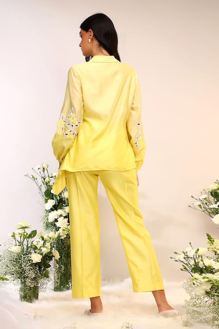Shop_Sakshi Khetterpal_Yellow Chanderi Silk Embroidery Collared Asymmetric Tie Up Shirt And Pant Set _at_Aza_Fashions