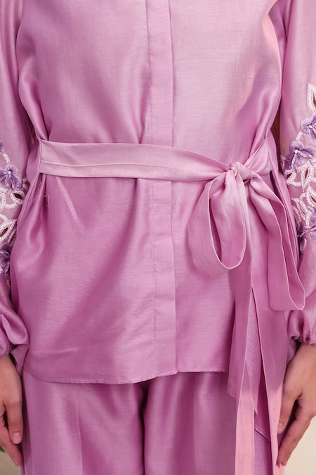 Sakshi Khetterpal_Purple Silk, Asymmetric Tie-up Shirt And Creased Pants Set _Online_at_Aza_Fashions