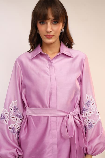 Shop_Sakshi Khetterpal_Purple Silk, Asymmetric Tie-up Shirt And Creased Pants Set _Online_at_Aza_Fashions