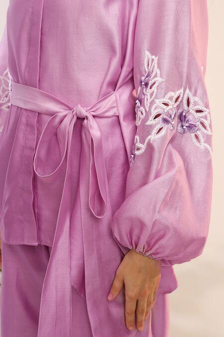 Sakshi Khetterpal_Purple Silk, Asymmetric Tie-up Shirt And Creased Pants Set _at_Aza_Fashions