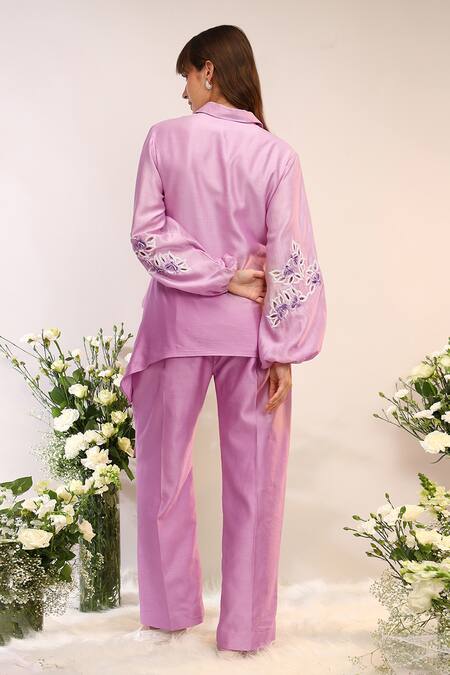 Shop_Sakshi Khetterpal_Purple Silk, Asymmetric Tie-up Shirt And Creased Pants Set _at_Aza_Fashions