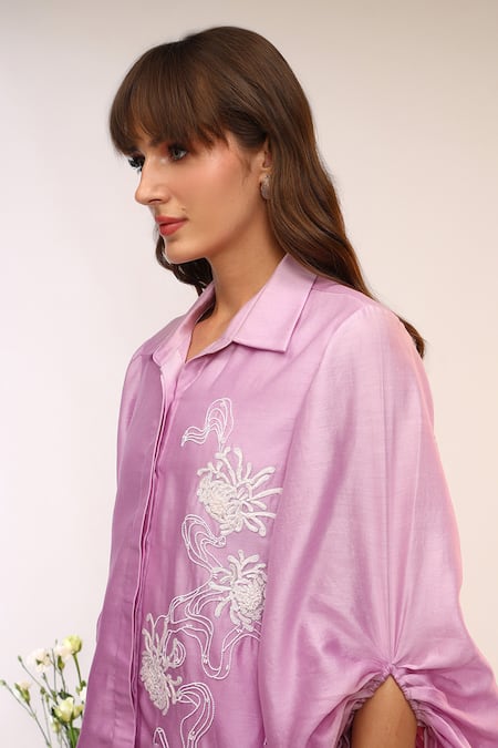 Buy_Sakshi Khetterpal_Purple Chanderi Silk Embroidery Berry Blast Oversized Sleeve Coordinated Set _Online_at_Aza_Fashions