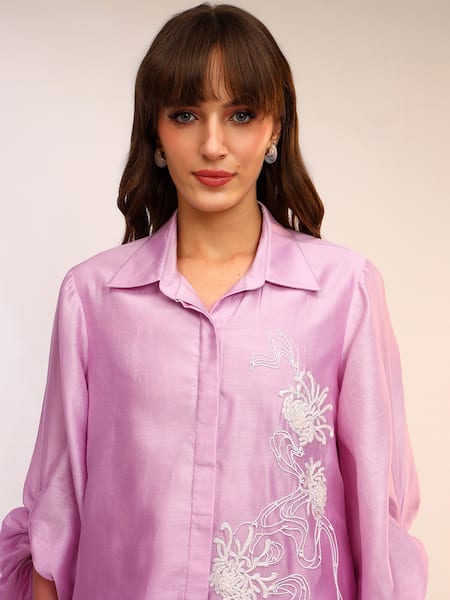 Shop_Sakshi Khetterpal_Purple Chanderi Silk Embroidery Berry Blast Oversized Sleeve Coordinated Set _Online_at_Aza_Fashions