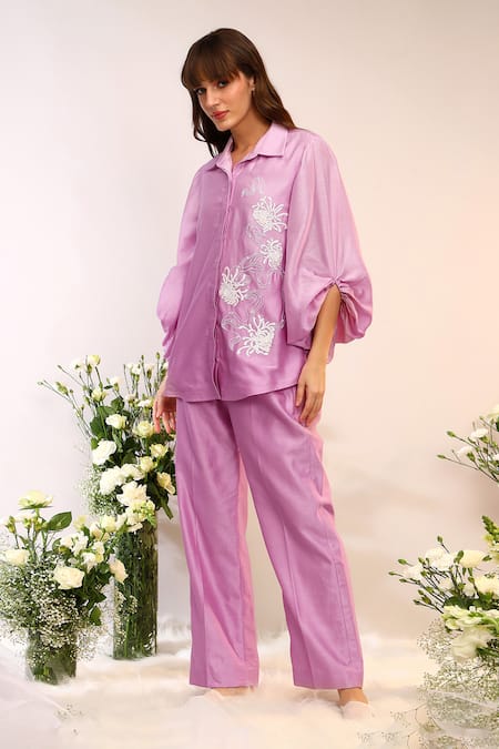Sakshi Khetterpal_Purple Chanderi Silk Embroidery Berry Blast Oversized Sleeve Coordinated Set _at_Aza_Fashions