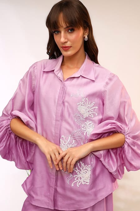 Buy_Sakshi Khetterpal_Purple Chanderi Silk Embroidery Berry Blast Oversized Sleeve Coordinated Set 