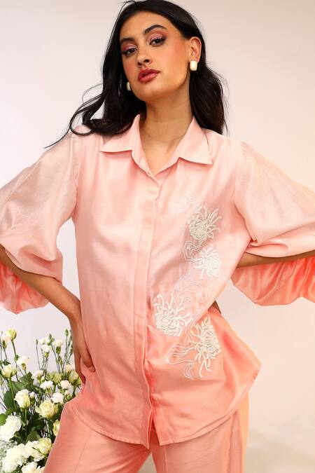 Shop_Sakshi Khetterpal_Peach Chanderi Silk Embroidery Collared Oversized Sleeve Pant Set _Online_at_Aza_Fashions