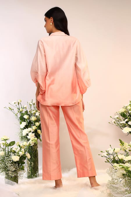 Shop_Sakshi Khetterpal_Peach Chanderi Silk Embroidery Collared Oversized Sleeve Pant Set _at_Aza_Fashions
