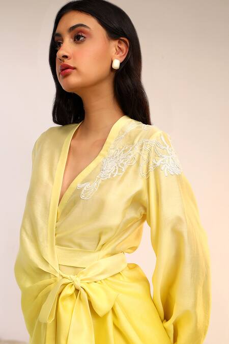 Shop_Sakshi Khetterpal_Yellow Chanderi Silk Embroidery V-neck Citrus Burst Wrap Around Set _Online_at_Aza_Fashions