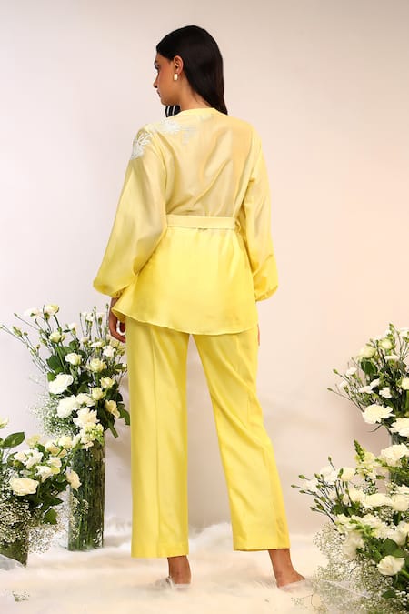 Shop_Sakshi Khetterpal_Yellow Chanderi Silk Embroidery V-neck Citrus Burst Wrap Around Set _at_Aza_Fashions