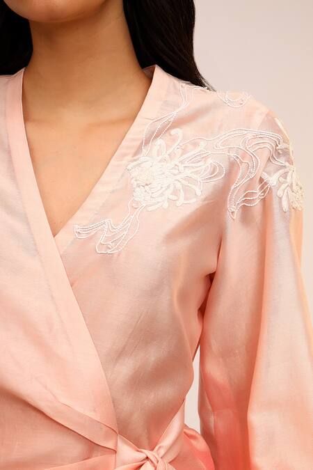 Sakshi Khetterpal_Peach Chanderi Silk Embroidery V-neck Wrap Around Shirt And Pant Set _Online_at_Aza_Fashions