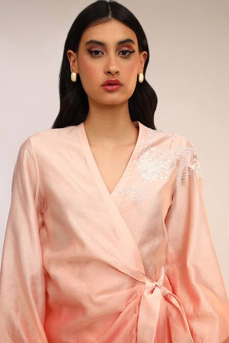 Buy_Sakshi Khetterpal_Peach Chanderi Silk Embroidery V-neck Wrap Around Shirt And Pant Set _Online_at_Aza_Fashions