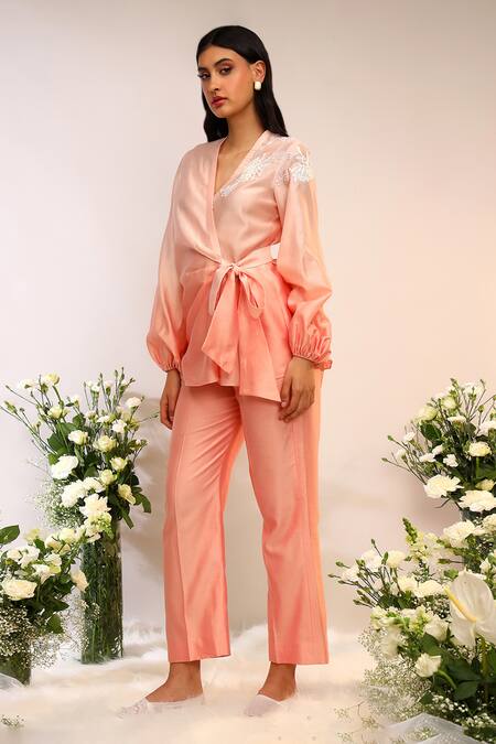Shop_Sakshi Khetterpal_Peach Chanderi Silk Embroidery V-neck Wrap Around Shirt And Pant Set _Online_at_Aza_Fashions