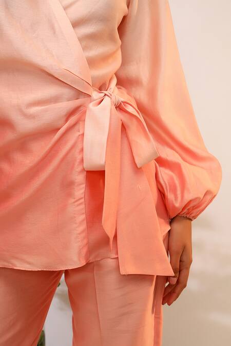 Sakshi Khetterpal_Peach Chanderi Silk Embroidery V-neck Wrap Around Shirt And Pant Set _at_Aza_Fashions
