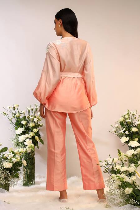Shop_Sakshi Khetterpal_Peach Chanderi Silk Embroidery V-neck Wrap Around Shirt And Pant Set _at_Aza_Fashions